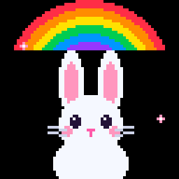 Animated pixel art: a white bunny with pink ears under a rainbow