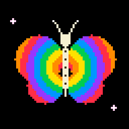 Animated pixel art: a butterfly with rainbow-ringed wings