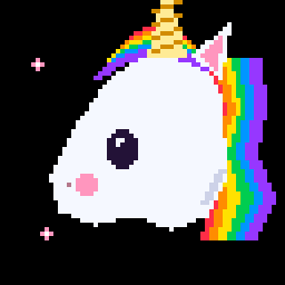 Animated pixel art: a white unicorn head with a rainbow mane