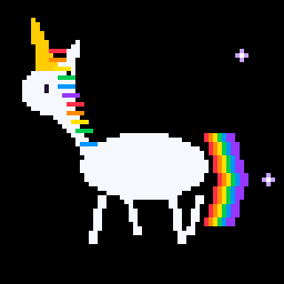 Animated pixel art: a full-body unicorn prancing with a rainbow tail